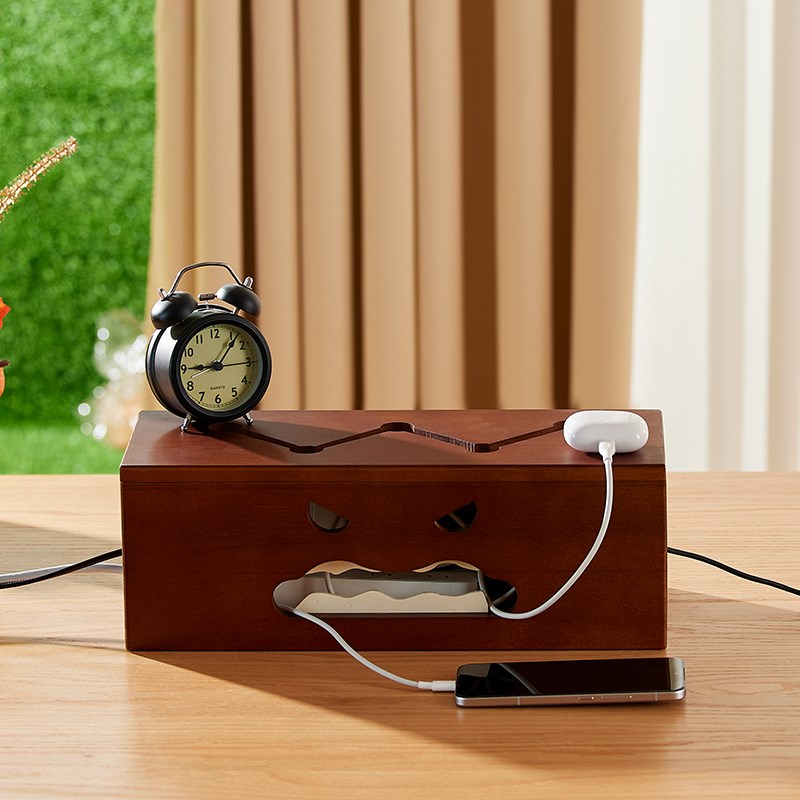 创意复古插线板收纳盒无线路由器置物架实木充电排插数据线隐藏箱