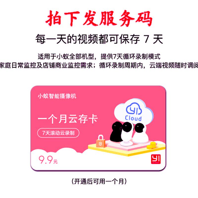 小蚁摄像机云存储卡云存卡 7天循环录像包月1年卡 拍下发云服务码