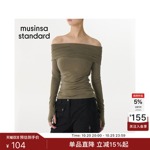 韩国秋冬女士翻折露肩一字领纯色简约长袖T恤MUSINSA STANDARD