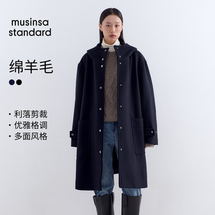 【含羊毛】韩国25秋冬女士时尚中长连帽毛呢大衣musinsa standard