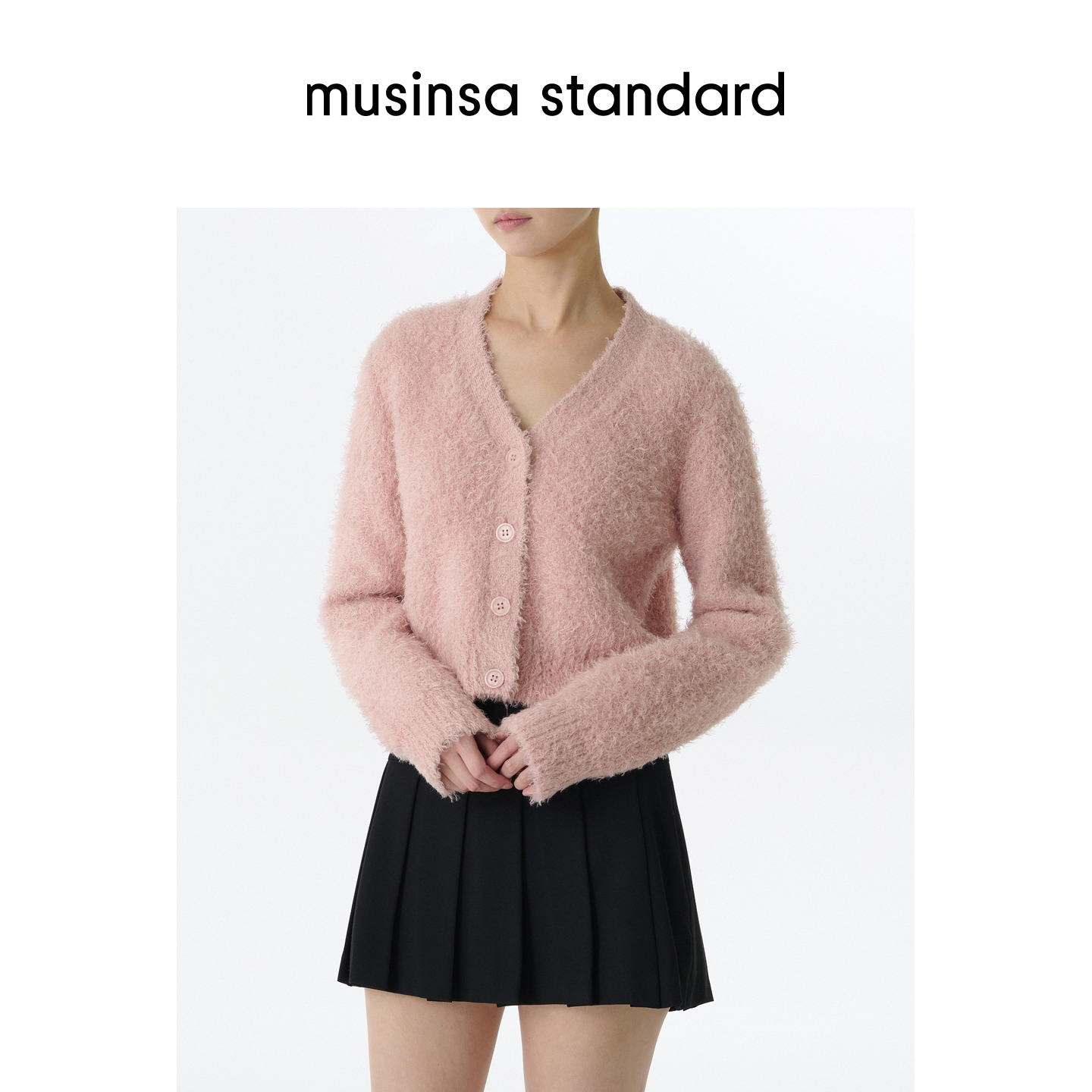 女士秋季净色短款V领开衫针织衫