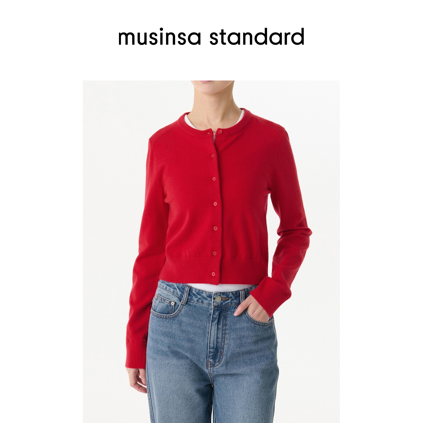 女士秋季简约纯色圆领短款开衫