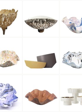 现代覆古陶瓷f褶皱果盘托盘摆件样板间售楼处客厅餐厅书房艺术装