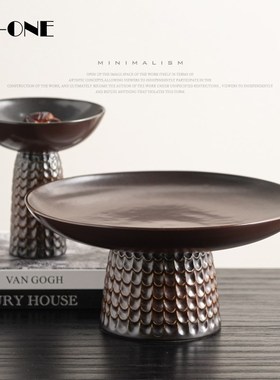 侘寂风陶瓷果盘餐桌高脚托盘法式中古茶桌样板房客U厅软装饰品摆