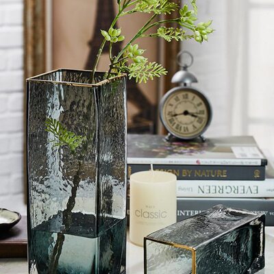 描金轻奢玻璃花瓶 日式锤目纹简约花器客厅水养插花花瓶装饰摆件