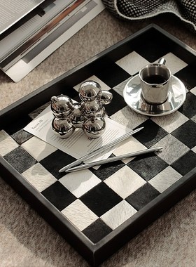黑白棋盘格子托 托盘高档客厅玄关B桌面收纳首饰盒样板房拍照道具