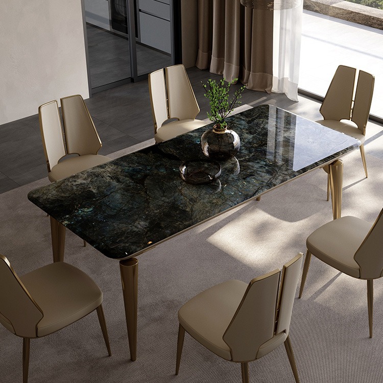 现代轻奢大理石餐桌别墅餐厅不锈钢长方形推拉椅框架饭桌奢石