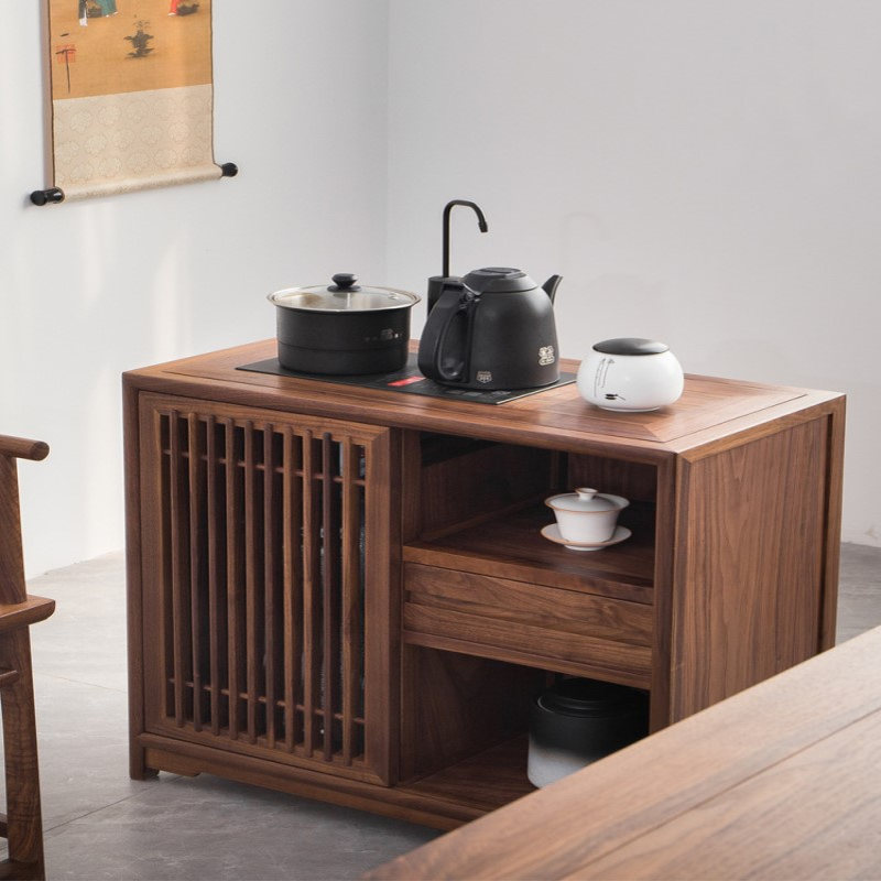 新中式实木茶水柜黑胡桃木茶桌边柜茶室餐边柜储物柜老榆木烧水柜