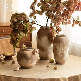 复古高款粗陶花瓶土陶罐栾树果干花花器客厅落地侘寂中式摆件秋韵
