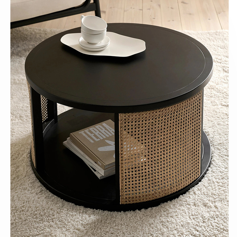 埃洛斯之家茶几实木双层圆几藤编民宿边几家用设计师家具