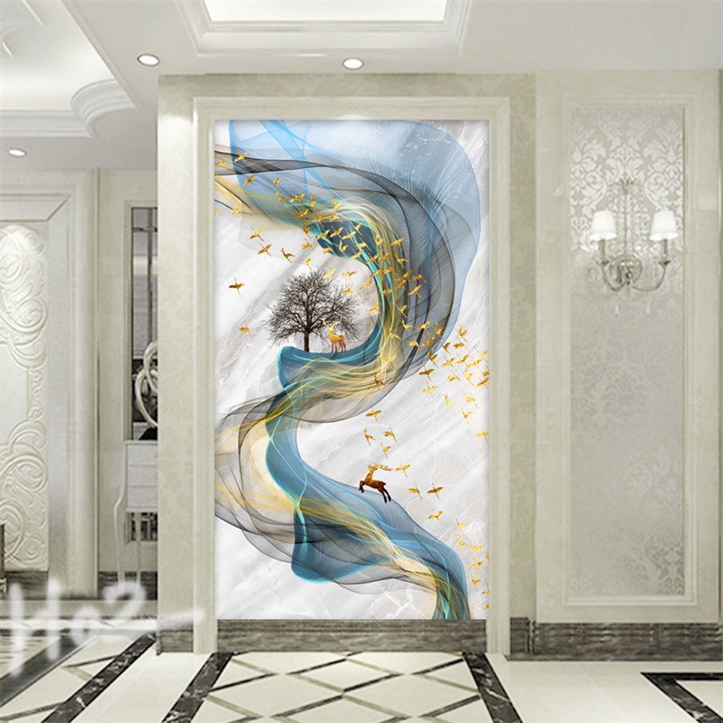 现代简约艺术抽象麋鹿墙q纸背景墙装饰画壁纸走廊过道玄关壁画竖图片