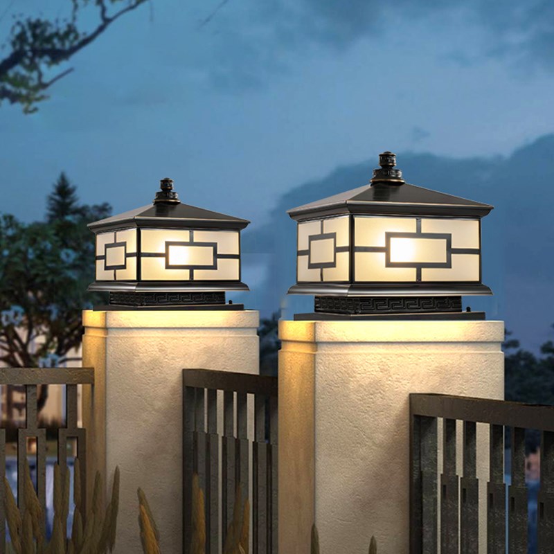 新中式庭院灯太阳能两用防水户外柱头灯H全铜别墅院墙大门口柱子