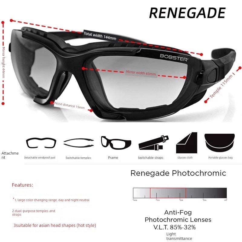 Bobster哈雷摩托车自r行车变色护目镜防风护目镜配件带绳内衬海绵