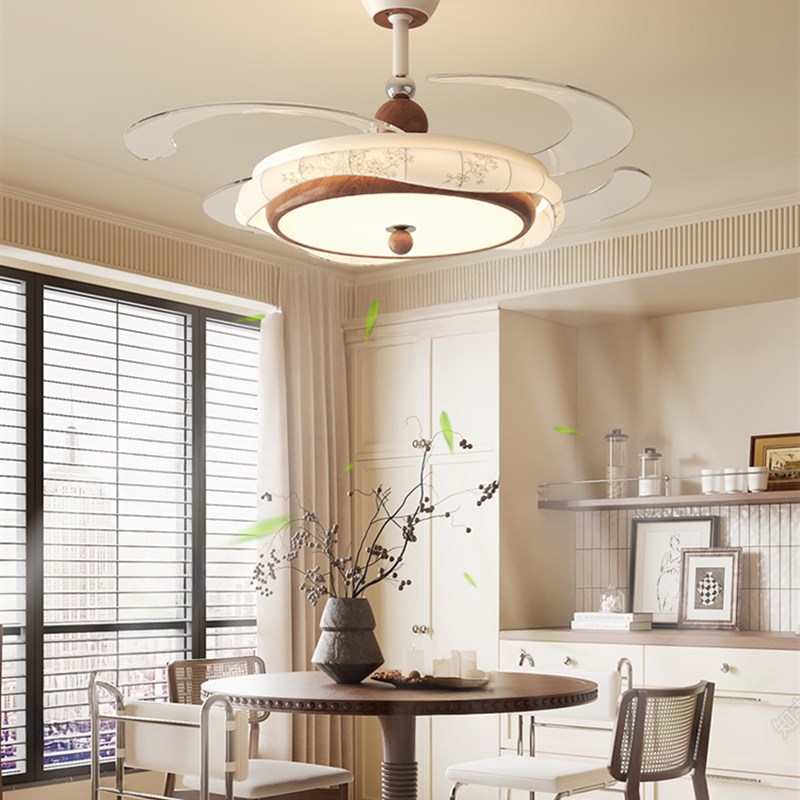宋代美学客厅吊扇灯法式中古风胡桃木色法式覆古大厅隐形静音灯具