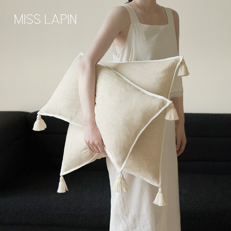 澜品月c弦木珠流苏棉麻抱枕中式客厅靠垫侘寂靠枕沙发靠背腰