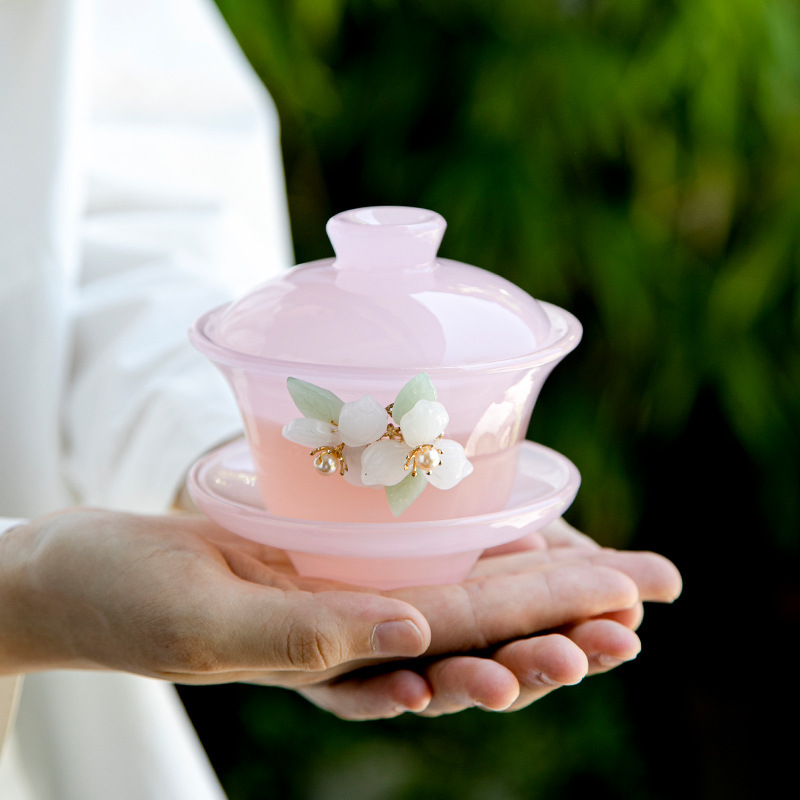 天青瓷艺 琉璃三才盖碗茶杯单个茶具女性专用高档好看泡茶碗粉色