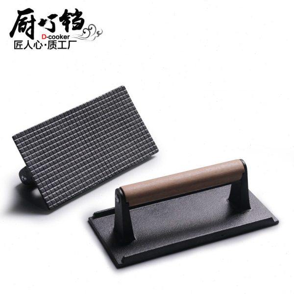 长方形铁板烧压板实木手柄铸铁压肉板烤鱿鱼煎牛排工具无涂层