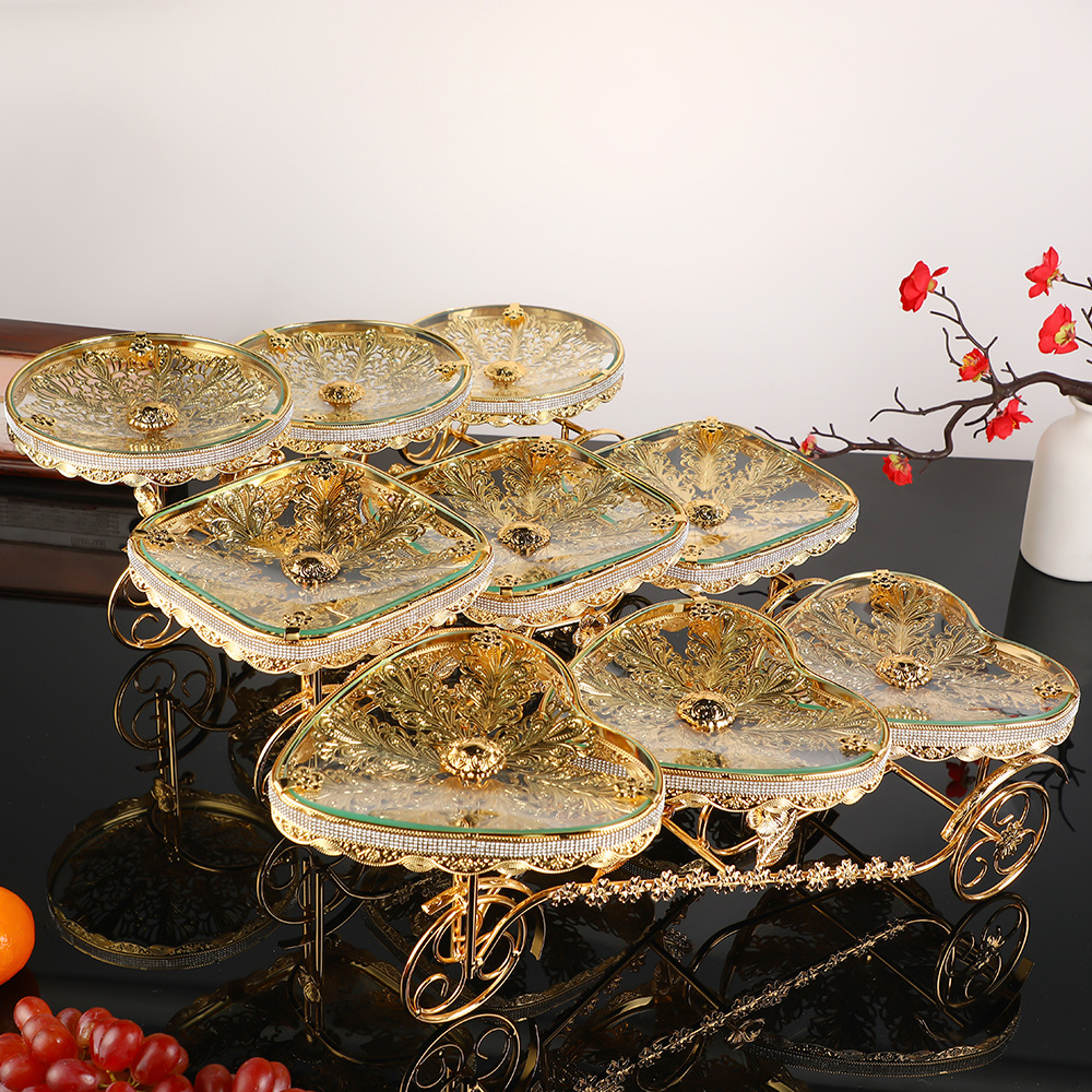 家用三轮车三盘水果盘圆形轻奢客厅茶几摆件欧式精美雕花水果盘