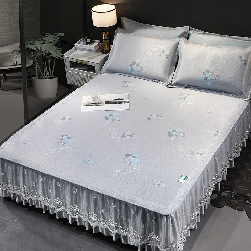 凉席夏天2023新款高级床裙冰丝凉席草席婴儿可用机洗三件套厚折叠