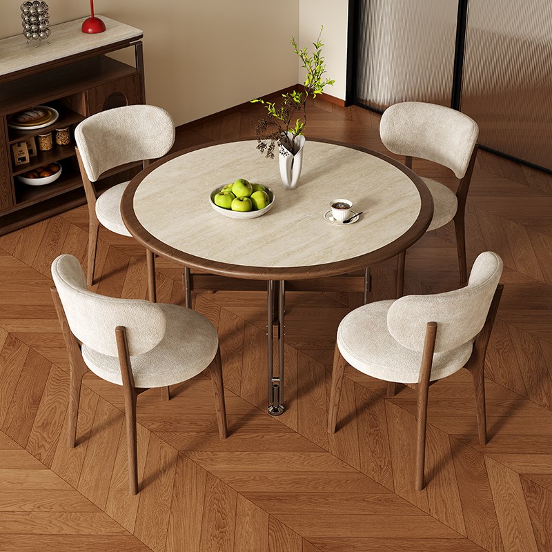 德利丰岩板餐桌内嵌圆桌椅组合中古风实木圆形饭桌包豪斯1m圆桌子