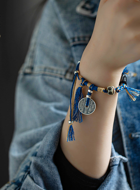 山鬼花钱足银999手工编织手绳新中式国风手链文玩藏式配绳饰品