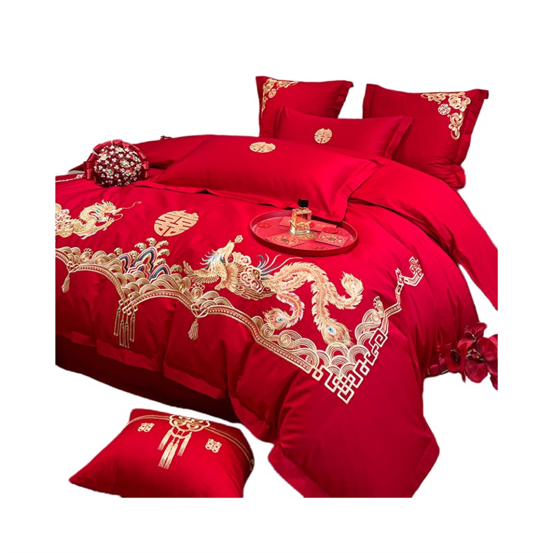 中式高端刺绣龙凤婚庆四件组全棉结婚牀单大红色牀笠新婚嫁牀上用