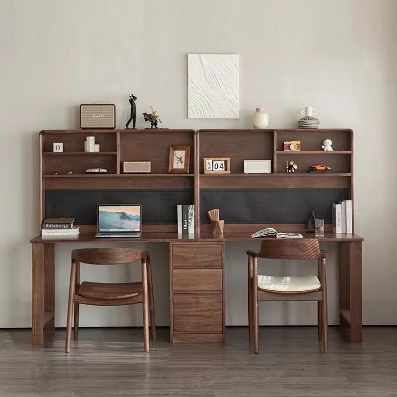 北美黑胡桃木双人书桌书架一体北欧现代简约全实木电脑学习桌组合