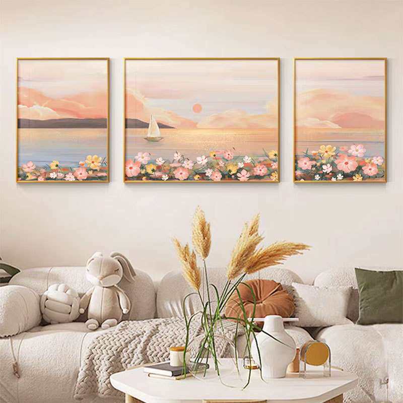 北欧奶油风客厅装饰画唯美花海沙发背景墙挂画现代简约海景三联画