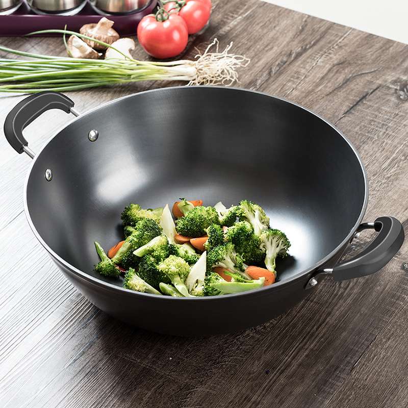 5ZW铸铁锅双耳锅加深大炒锅纯生铁锅电磁炉炒锅无涂层不粘大容量