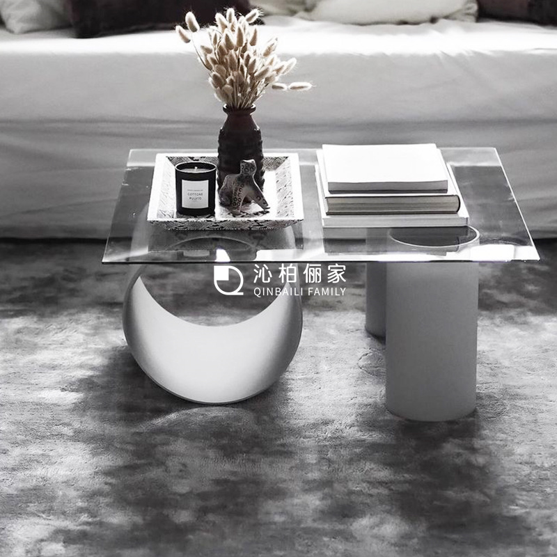 现代简约客厅家用高端方形玻璃茶台创意金属圆筒座小户型茶几桌