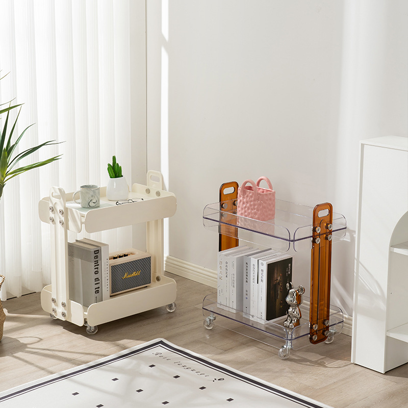 北欧风透明亚克力带轮网红置物架边几 家用客厅可移动小推车茶几