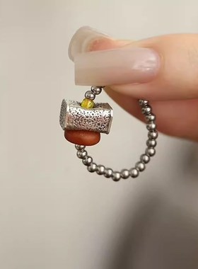 弹力绳小柿子方h枕戒指女新中式复古做旧小众个性气质国风开口指