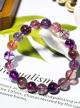 彩晶天然碧玺超七钛晶幽灵极光红纹C石榴石草莓紫黄粉水晶手串手