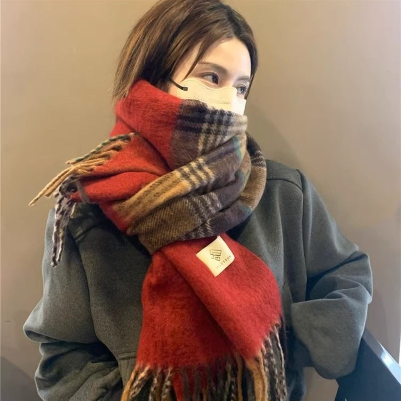 红色格子围巾女冬季高级感保G暖新年圣诞氛围围脖情侣