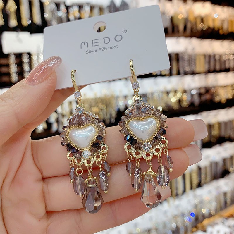 手工款轻奢爱心珍珠水晶流苏耳钩网红个性时尚Q耳环高级感显瘦耳