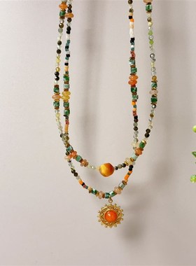 天然石拼接串g珠项链女复古小众原创设计钛钢配件日常百搭中式颈