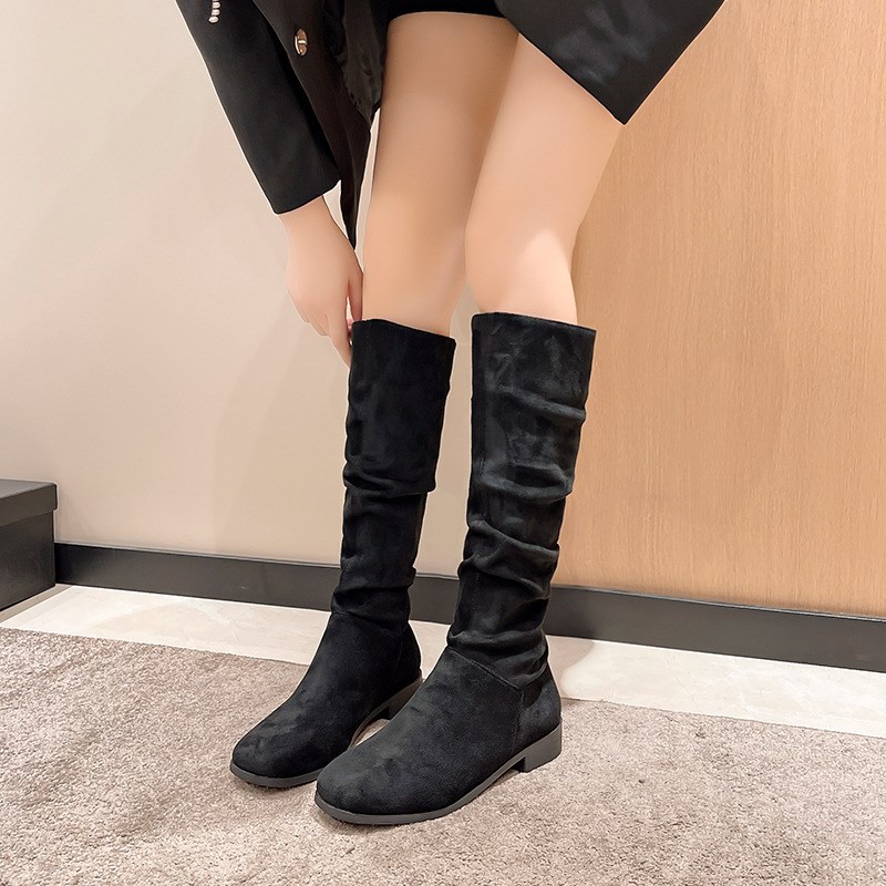 不过膝长筒靴女春秋新款堆堆靴女F复古褶皱高筒西部牛仔骑士靴