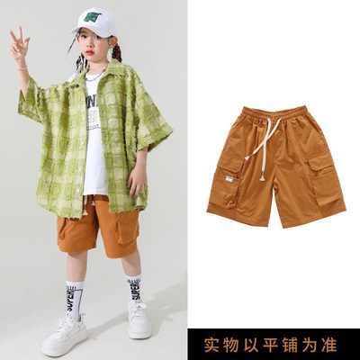 儿童街舞潮服嘻哈hiphop演出服男童夏季复古衬R衫套装架子鼓表演