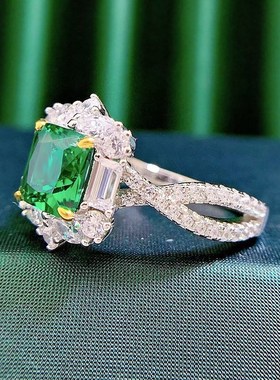 珠宝 2023新款S925银z正7*7仿真祖母绿切割豪华围镶欧美戒指