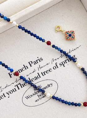 敦煌元素配色新中式国风项链小众天然石手作锁骨链V青金石串珠项