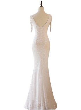 肩流苏白色晚礼服女202s5新款气质轻奢小众名媛主持人收腰鱼尾长