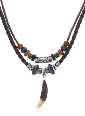 新款复古民族g风服装配饰个性狗牙吊坠男士皮革项链多层长款项饰