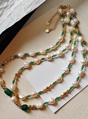 异形巴洛克淡水珍珠n绿玉髓玛瑙项链女时尚新中式复古绿水晶锁骨