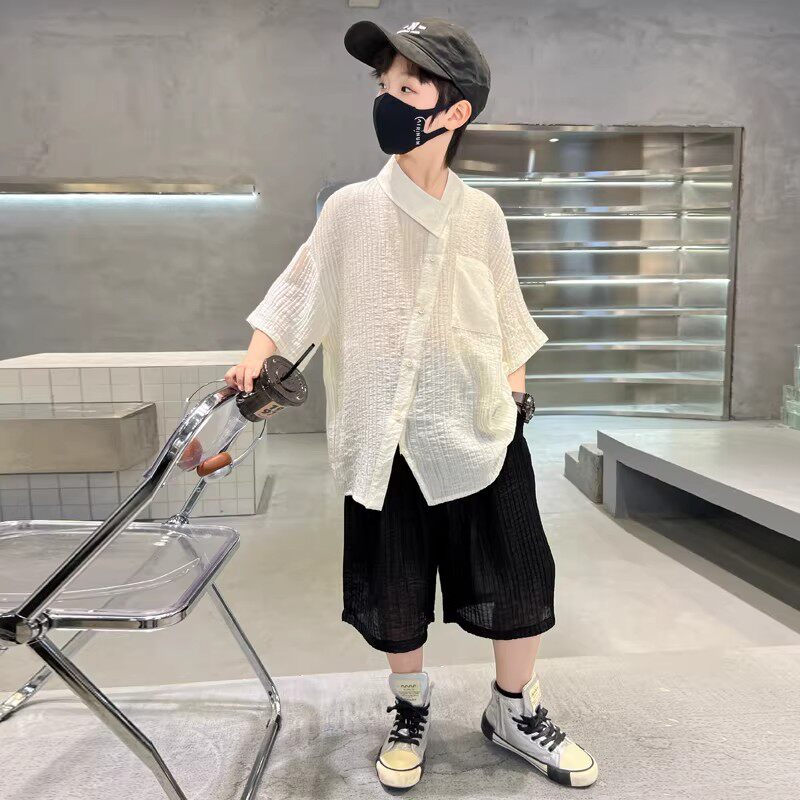 奥莱男童夏装短袖套装2026新款潮牌中大童夏季帅气时髦衬衣两件套