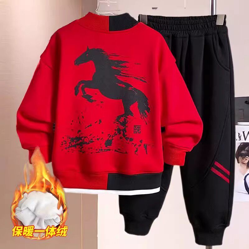 奥莱男童加绒卫衣套装时尚新款新年红中大童马年本命年过年两件套