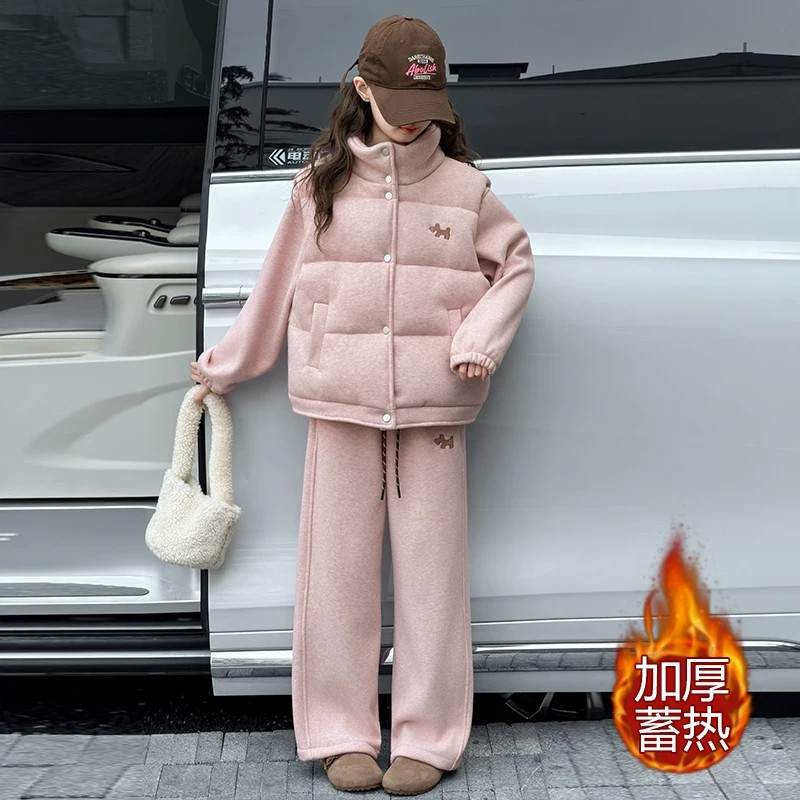 女童加绒加厚马甲卫衣三件套