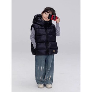 奥莱儿童羽绒服马甲黑金2026时尚男女童连帽可拆卸加厚外穿背心潮