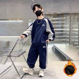 奥莱韩版男童卫衣套装2026时尚秋冬新款加绒中大童运动休闲两件套