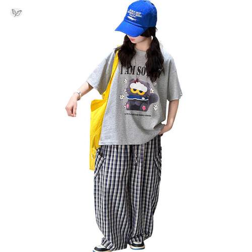 女童夏季套装2026新款中大童猫咪印花格子裤阔腿裤慵懒风轻薄夏装