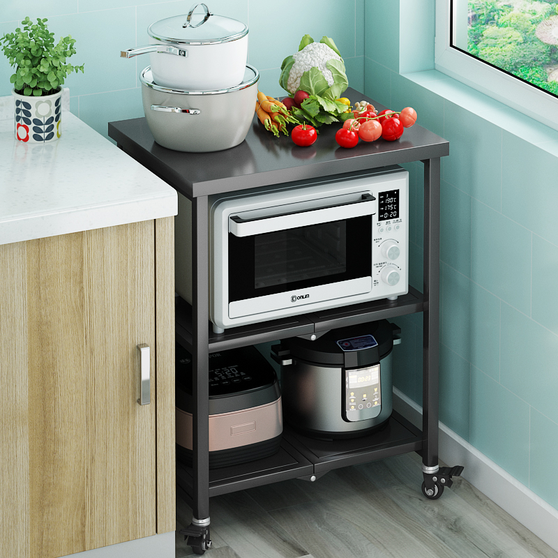 可折叠黑色厨房置物架厨房收纳架落地多层微波炉蔬菜不锈钢置物架